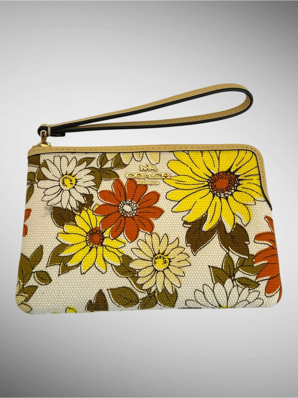 Coach Corner Zip Wristlet Floral Print Vanilla Sunflower CEF83 NWT